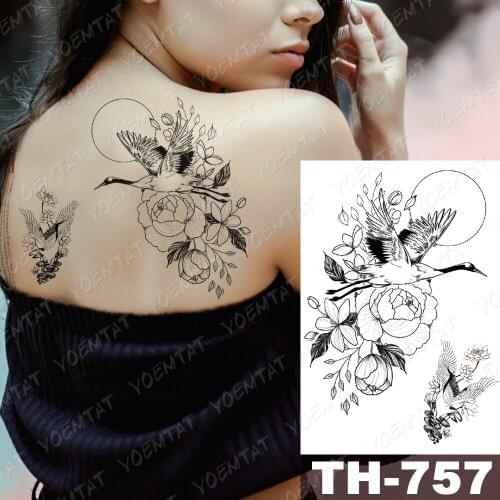 Waterproof Temporary Tattoo Sticker Line Bird Flower Tattoos Crane Moon Sun Wolf Lady Fox Body Art Arm Fake Tatoo Women Men