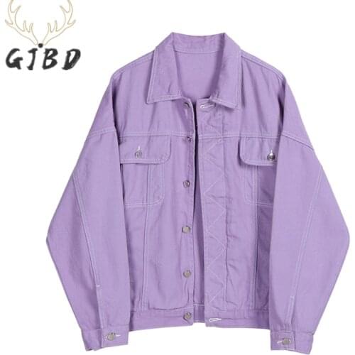 Jacket Jeans Women 2021 Spring Autumn Denim Jacket Purple Baggy Vintage Casual TOP Outwear Streetwear Women Clothes Button Coat