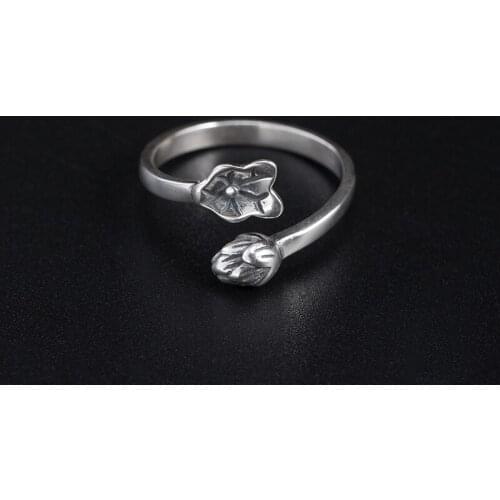 VLA 925 Silver 2021 Trend Retro Distress Lotus Leaf Ring Womens Simple Bud Ring Opening Adjustable Jewelry