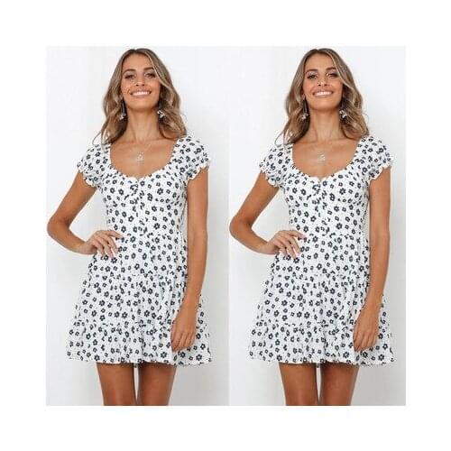 Summer New Womens Sexy Short Sleeve Square Collar Button Off The Shoulder Fashion Slim Print Womens Mini Dress