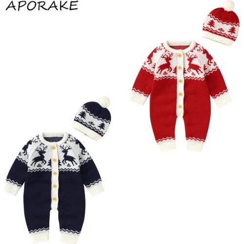 2021 0-18M Xmas Infant Baby Boy Girl Knitted Romper Christmas Tree Deer Pattern Long Sleeve Button Jumpsuit+Hat Sweater 2pcs