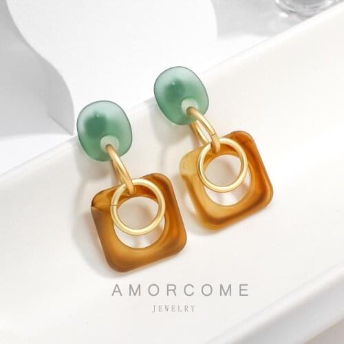 AMORCOME Korean Geometric Square Pendant Drop Earrings For Women Joker Metal Resin Acrylic Earrings Jewelry Female 2020 Brincos