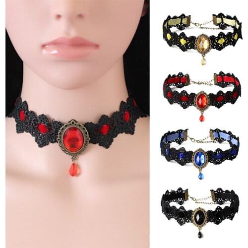 Bohemia Lace Gothic Tattoo Choker Necklace Women Vintage Black Red Blue Crystal Necklaces Gothic Punk Collar Choker Jewelry