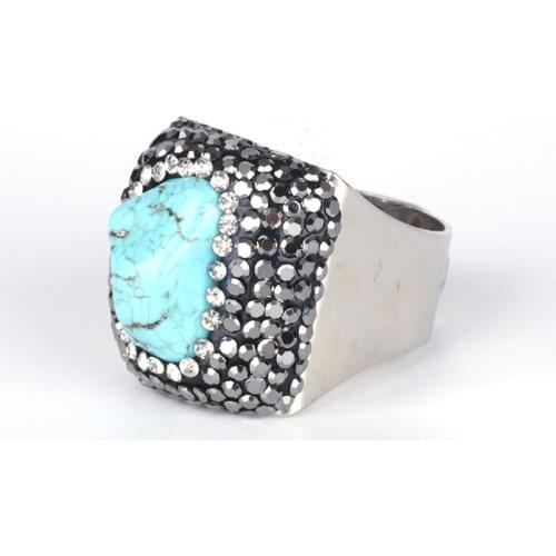 Big Raw Blue Turquoises Howlite Stone Bead Pave Black White Rhinestone Charm Color Wrap Big Size Adjustable Ring Cuff