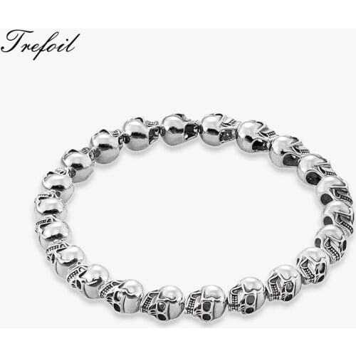 Bracelet Men Strand Silver Skull Beads, 2018 New Blackened Silver Fashion Jewelry Punk Gift for Men Boy Women Girls
