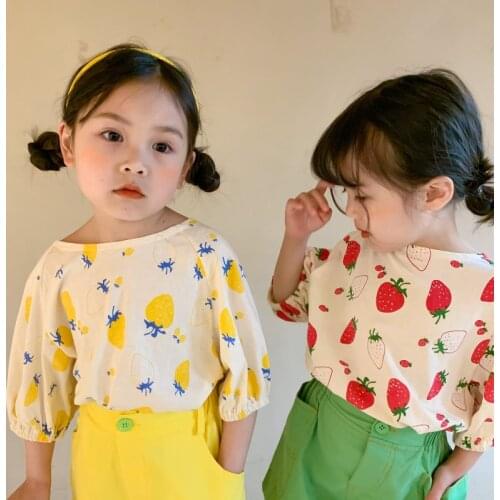 Childrens T-shirt 2021 Summer New Baby Girls Korean Strawberry Print Short Sleeve T Shirt Childrens Cute Print Top Tees 2-8Y