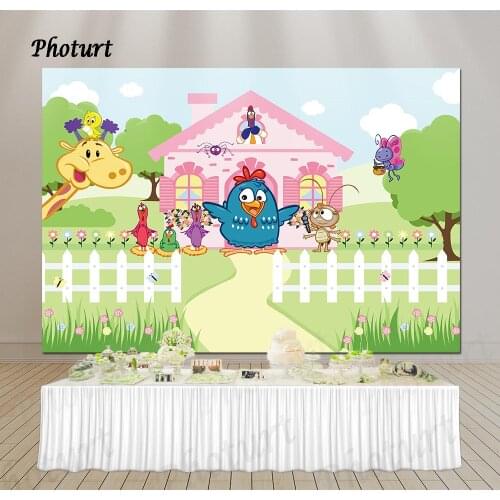 PHOTURT Farm Chicken Backdrop Kids Birthday Baby Shower Background Green Pink Polyester Vinyl Photography Banner Decoration Prop