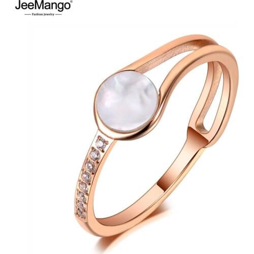 JeeMango Titanium Stainless Steel Rhinestone Stone Shell Rings Jewelry For Women Rose Gold Bohemia Style Finger Rings JR20003