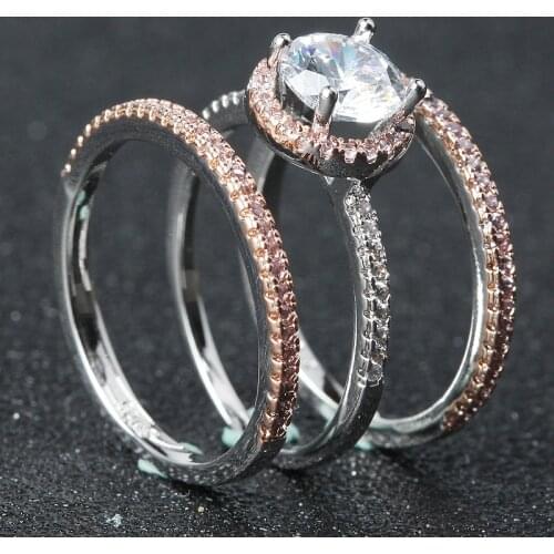 Pink Crystal Zircon Three-piece Ring Fashion Elegant Female Romantic Birthday Gift Factory Wholesale