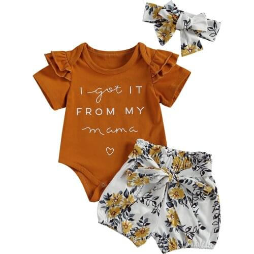 Summer Cute Baby Girls Clothes Sets 3pcs Letter Ruffles Sleeve Romper Floral Belt Shorts Headband