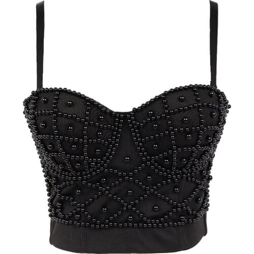 Summer Sexy Pearl Crop Top Corset Sleeveless Camisole Party Night Club Festival Tank Tops Black White Women Top