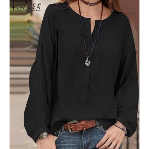 Plus Size ZANZEA Summer Blouse Elegant Women Long Sleeve Solid Work Shirt Casual Loose Cotton Tops Female Party Blusas Tunic