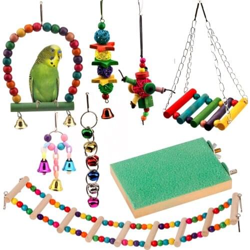 8PCS/Set Combination Parrot Toy Bird Articles Parrot Bite Toy Bird Toys Parrot Funny Swing Ball Bell Standing Training Toys