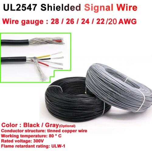 Grey UL2547 Shielded Wire Signal Cable Channel Audio 2/3/4/5/Cores Pins Headphone Copper Control Line 22/24/26/28AWG