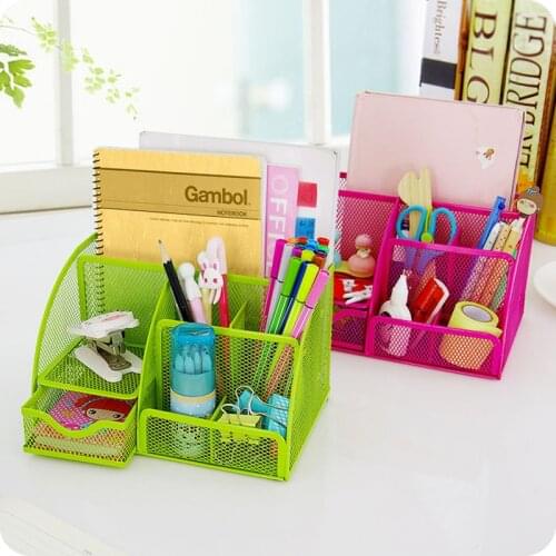 Multi-function Metal Iron desk organizer makeup storage box with drawer Stationery pen holder Office Supplies home