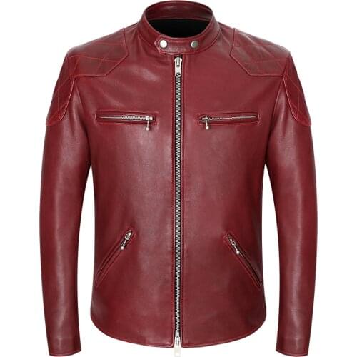 Mens Motorcycle Leather Jacket Stand Collar Sheepskin Genuine Leather Coat Casual Slim Biker Leather Jackets High Quality