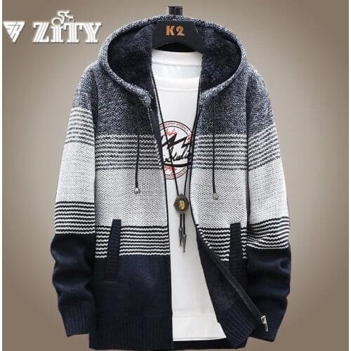 Men Hooded Fleece Sweater Jacket Autumn Winter Warm Thick Pocket Zipper Patchwork Coat Knitted Casual Male Sweater Slim Fit