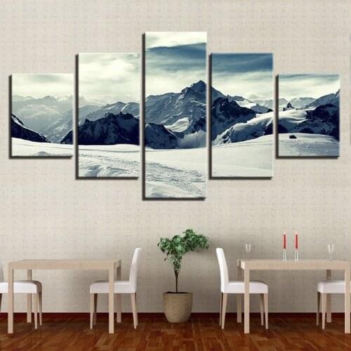 5 Piece Wall Art Canvas Painting Snow Capped Mountain Landscape Poster Abstract Modular Modern Living Decorative Framework