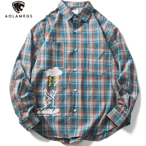 Aolamegs Mens Shirts Plaid Harajuku Loose Shirt For Men Funny Cartoon Cat Print Streetwear Vintage Clothes Long Sleeve Clothing
