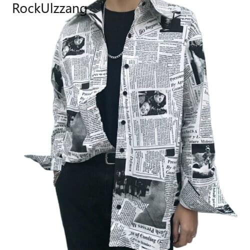 Punk Hippie Hip Hop Graffiti Newspaper Loose Blouse Long Sleeve Button Shirt Streetwear Vintage Korean Harajuku Top Japanese Tee
