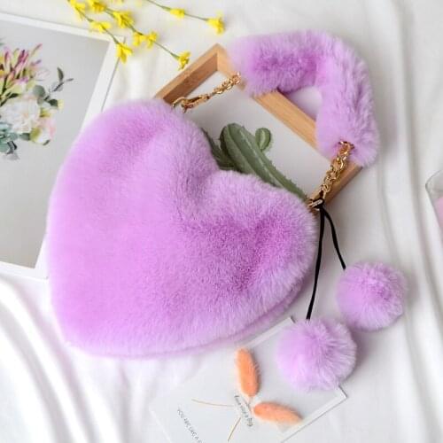 Cute Love Heart Woman Plush Bag Faux Rabbit Fur Fashion Ladies Handbag Heart-Shaped Plush + PU Leather Bags Kawaii Soft Bags