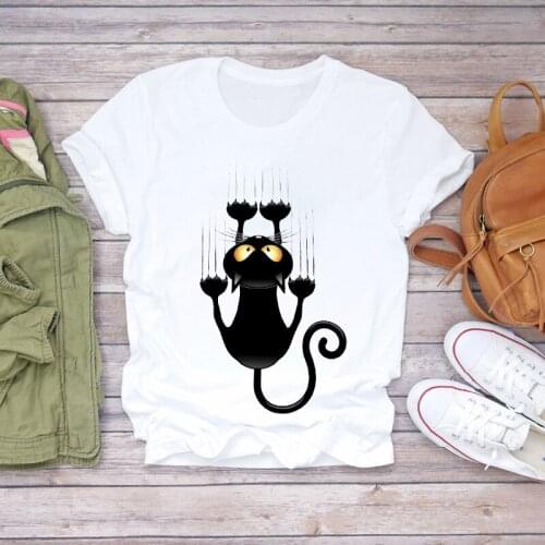 Women Cat Cartoon Funny Halloween Fall Autumn Short Sleeve Print Lady T-shirts Top Womens Stylish T Shirt Sweet Tee T-Shirt