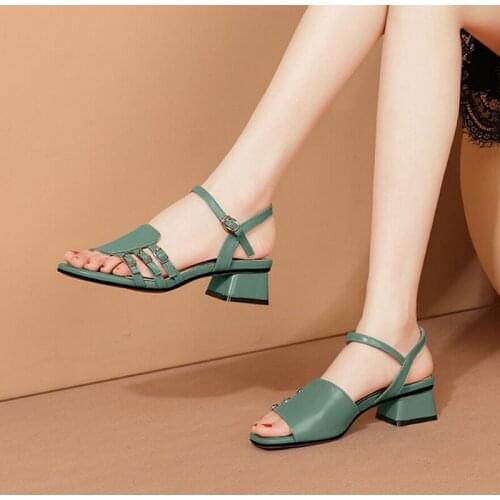Soft PU Leather Sandals Woman, 2021 Fashion Summer Heels,Open Toe Women Shoes,Square Heel,Ankle Buckle Strape,Green,Black,Beige