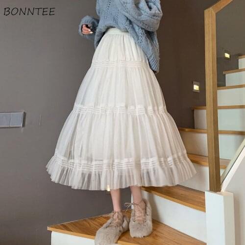 Skirts Women Friends Autumn Korean Style All-match Comfortable Sweet A-Line Popular Simple Empire Solid Elegant Fit Soft Folds