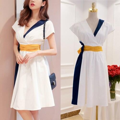 2018 New Summer Fashion Dress Color Block V-neck Short Sleeve Women Elegant White Dress Office Lady Slim Mid Dress Vestidos Robe