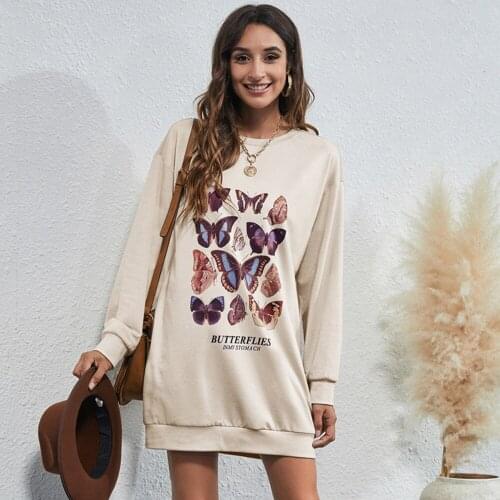 Woman Casual Loose Butterfly Print Mini Sweatshirt Dress Autumn Fashion Long Sleeve Crewneck Robe Femme White Slim Dresses Women