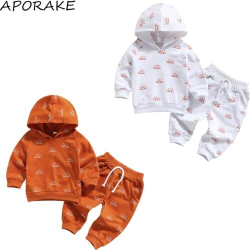 2021 0-3Y Casual Kids Baby Girl Boy Clothing Set Spring Fall Sun Print Long Sleeve Hooded Top+Long Pants Summer Outfits 2pcs