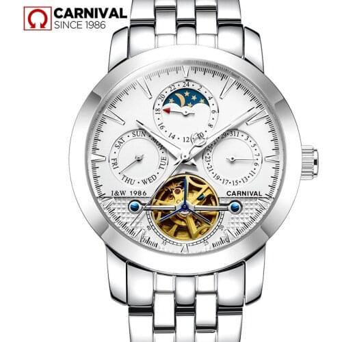 Fashion tourbillon watch men Moon Phase silver Stainless steel Automatic mechanical Sapphire waterproof watch relogio masculino