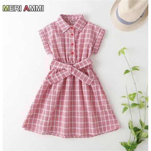 MERI AMMI Children Girl Summer Teenager Student Dressing Plaid Bowknow Dress size110-160cm 4-12 year