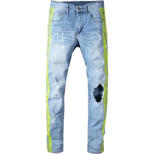 New Mens male casual man neon yellow color lines patchwork ripped jeans Fashion holes destroyed denim stretch pants trousers