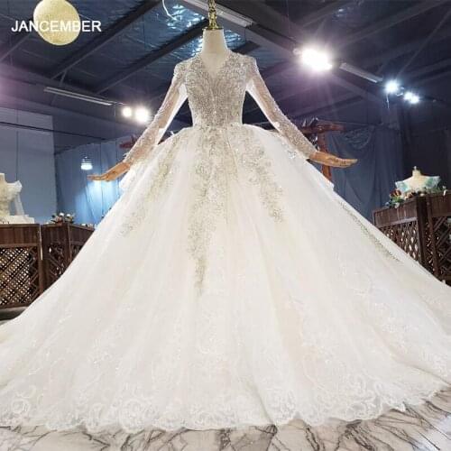 HTL1832 Champagne Crystal Wedding Dress 2020 V-Neck Long Sleeve Sequined Pearls Appliques Ball-Gowns