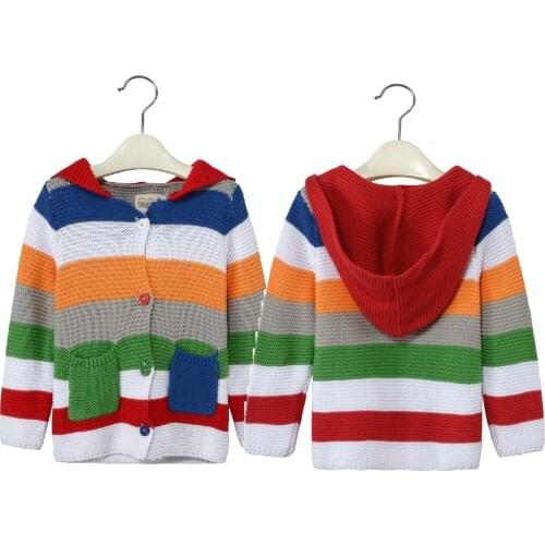 Rainbow Striped Children Cardigans Baby Girls Coats Clothes Boy Sweater Wool Knitted Hooded Kids Jackets Girl Jumpers 3-10Years