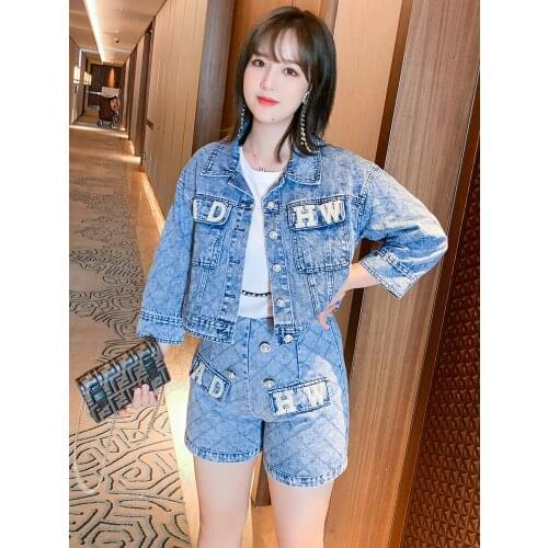 Short jeans jacket with hot diamond letters+Diamond High Waist Shorts suit 2021 Spring new