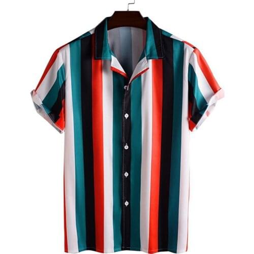 Summer Mens Shirt Top Casual Short Sleeve Hawaiian Shirts Stand Collar Strip Print Cool Thin Shirt Men Dress Male Clothing Tops