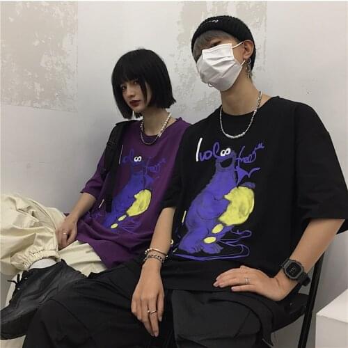 Summer Vintage Cartoon Anime Monster Graphic Couple Short-Sleeved T-Shirt Kawaii Korean Fashion Harajuku Style Oversized T-Shirt