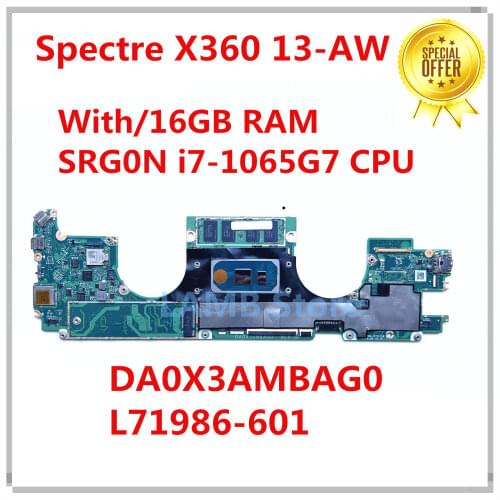 For HP Spectre X360 13-AW Laptop Motherboard With SRG0N i7-1065G7 CPU 16GB RAM DA0X3AMBAG0 L71986-601 L71986-001 MB 100% Tested
