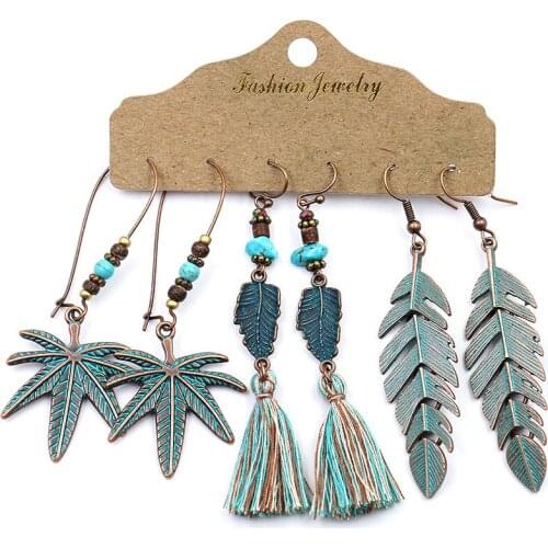 Fashion Bohemian Long Earrings Bronze green leaf Big dangle Earrings Long Tassel Fringe drop Earrings For Women Jewelry mujer