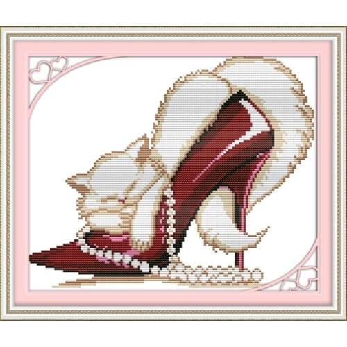 Fashion high heels and a cat cross stitch kit cartoon 14ct 18ct count canvas stitches embroidery DIY handmade needlework plus