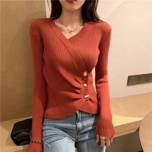 Autumn/Winter Knit V-Neck Womens Western Style Irregular Design Sense Slim Base Sweater