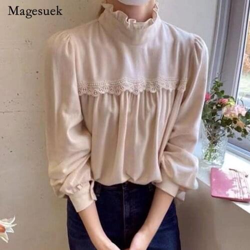 Pleated Lace Chic Stitching Lantern Sleeve Pullover Slim Cotton Bottoming Shirt Korean Ruffle Half-turtleneck Blouse Women 12487