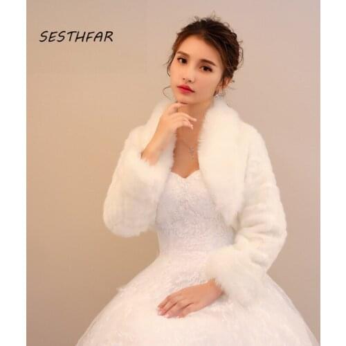 Real Photo Bride Shawls Fall Winter Wedding Jackets Long Sleeves Faux Fur Wraps Hot Sale Bridal Coat PJ032