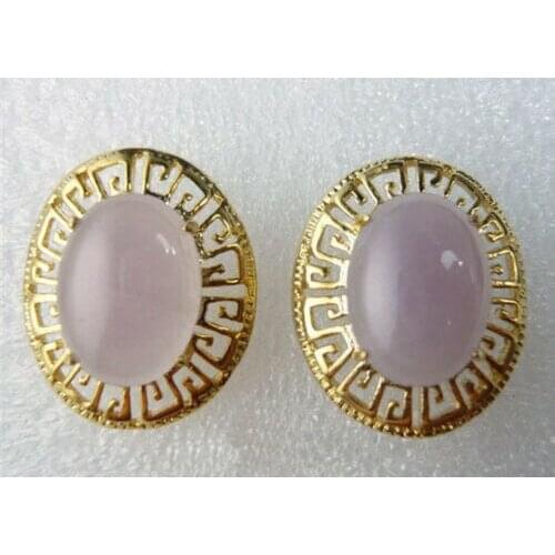 Real Pink Jade Yellow Gold Plated Chinese Classical Style Pattern Stud Earrings