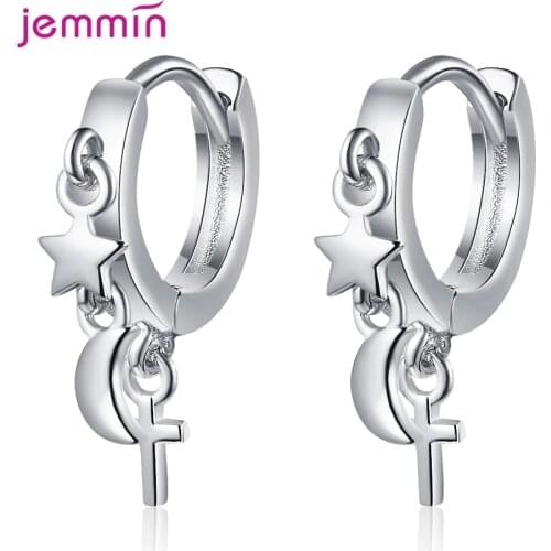 New Arrival Real 925 Sterling Silver Star and Moon Hoop Earrings For Fashion Women Party Fine Jewelry Accessories Party Gift