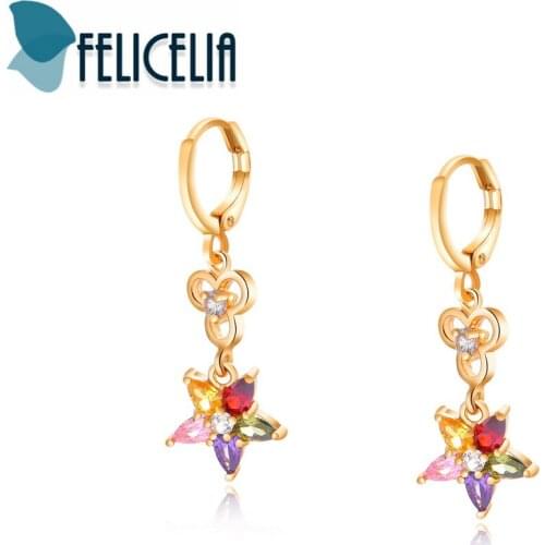 Felicelia Stars Design Clear/ Multicolor Cubic Zirconia Dangle Earrings Gold Color Delicate Long Earrings Jewelry For Women