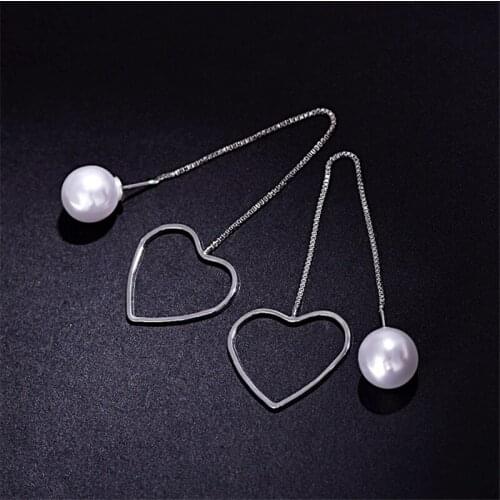 Pure Silver 925 Earrings for Women Big Heart Pearl Long Line Earing Brincos Femme Korean Style Fashion Jewelry Accessories Gifts