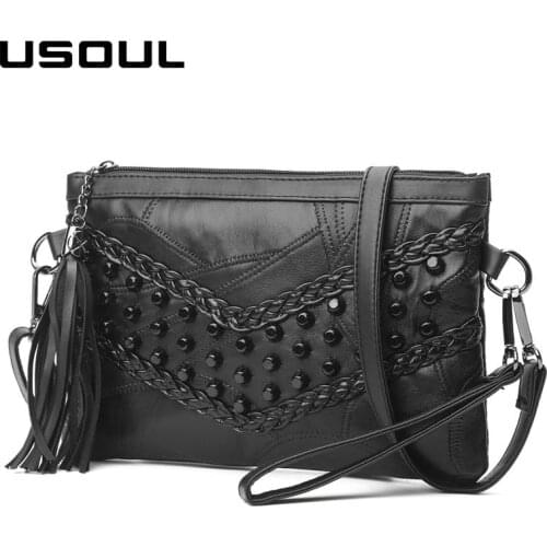 USOUL Rivet Soft Leather Bag Women Tassel Shoulder Messenger Bags Fashion Brand Designer Ladies Envelope Clutches Woman Handbags